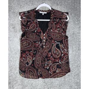 Daniel Rainn Top Womens Size Medium Black Red Paisley Sleeveless Ruffle Pintucks